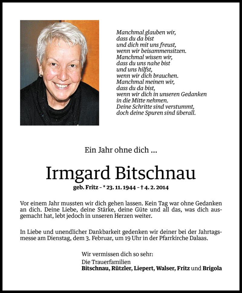  Todesanzeige für Irmgard Bitschnau vom 31.01.2015 aus Vorarlberger Nachrichten