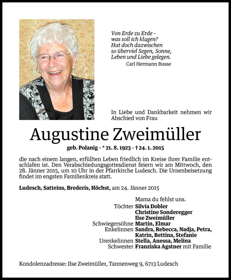  Todesanzeige für Augustine Zweimüller vom 27.01.2015 aus Vorarlberger Nachrichten