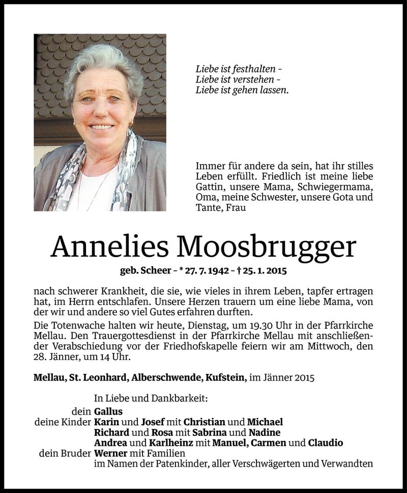  Todesanzeige für Annelies Moosbrugger vom 26.01.2015 aus Vorarlberger Nachrichten