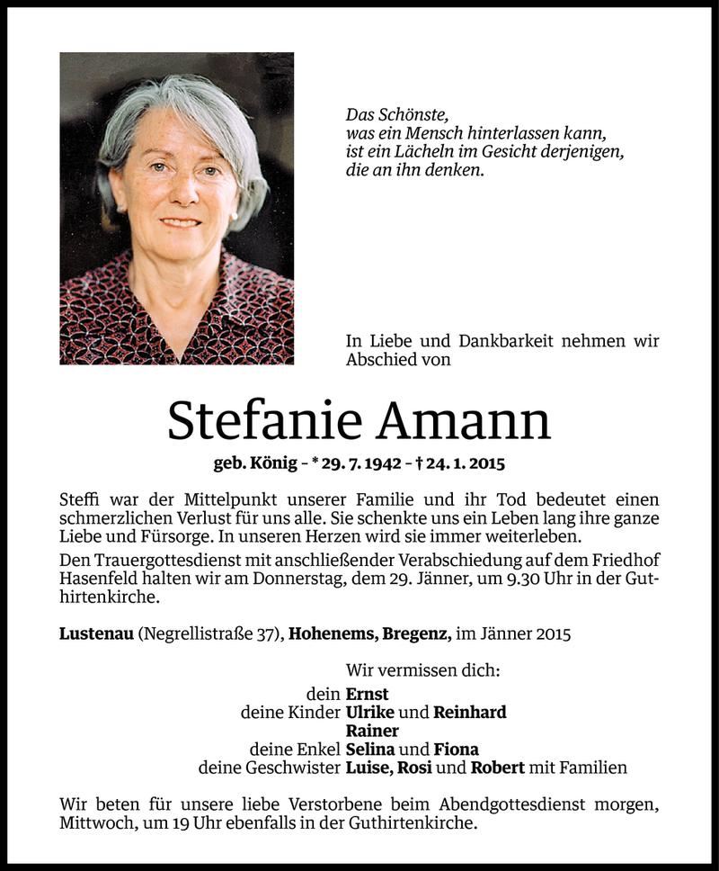  Todesanzeige für Stefanie Amann vom 26.01.2015 aus Vorarlberger Nachrichten