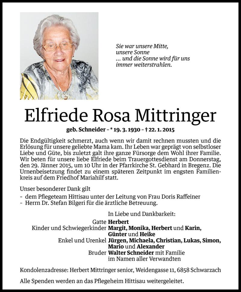  Todesanzeige für Elfriede Rosa Mittringer vom 26.01.2015 aus Vorarlberger Nachrichten