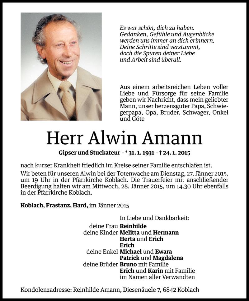  Todesanzeige für Alwin Amann vom 26.01.2015 aus Vorarlberger Nachrichten