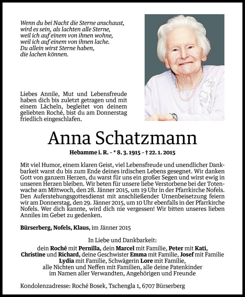  Todesanzeige für Anna Schatzmann vom 26.01.2015 aus Vorarlberger Nachrichten