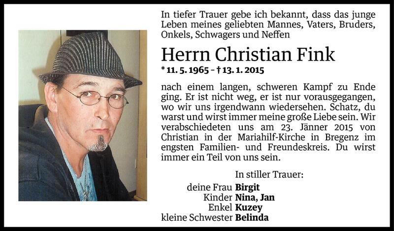  Todesanzeige für Christian Fink vom 26.01.2015 aus Vorarlberger Nachrichten