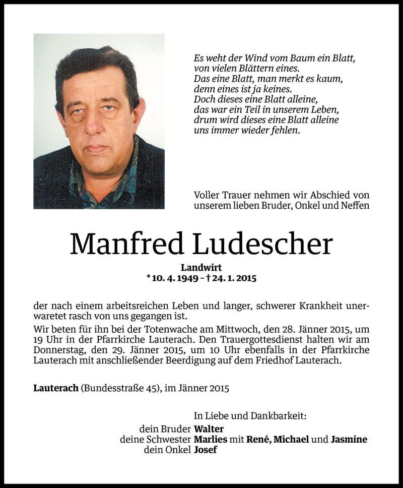  Todesanzeige für Manfred Ludescher vom 26.01.2015 aus Vorarlberger Nachrichten