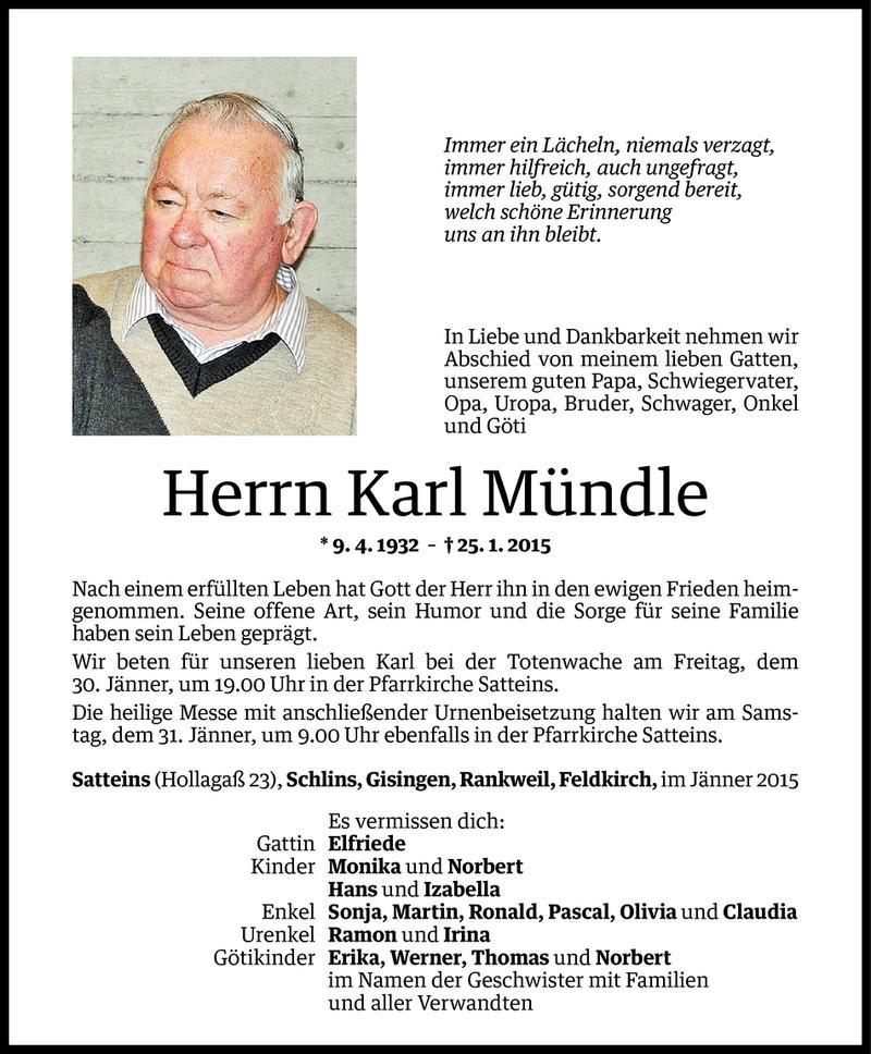  Todesanzeige für Karl Mündle vom 28.01.2015 aus Vorarlberger Nachrichten