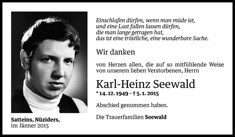  Todesanzeige für Karl-Heinz Seewald vom 27.01.2015 aus Vorarlberger Nachrichten