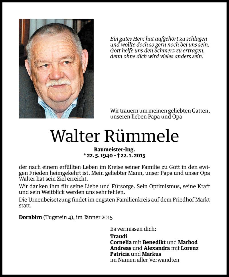  Todesanzeige für Walter Rümmele vom 27.01.2015 aus Vorarlberger Nachrichten