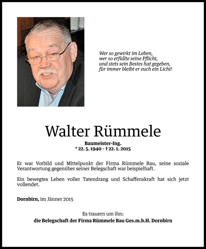  Todesanzeige für Walter Rümmele vom 27.01.2015 aus Vorarlberger Nachrichten