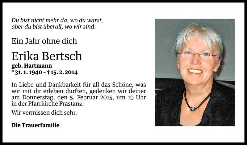  Todesanzeige für Erika Bertsch vom 30.01.2015 aus Vorarlberger Nachrichten