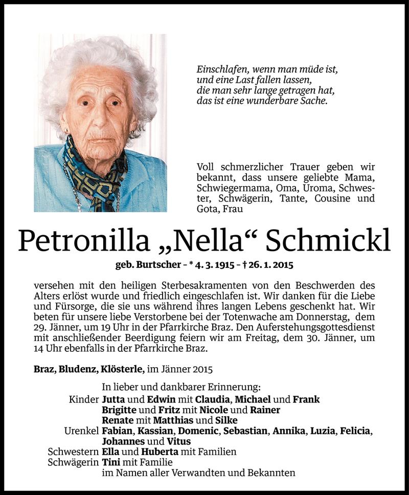  Todesanzeige für Petronilla Schmickl vom 27.01.2015 aus Vorarlberger Nachrichten
