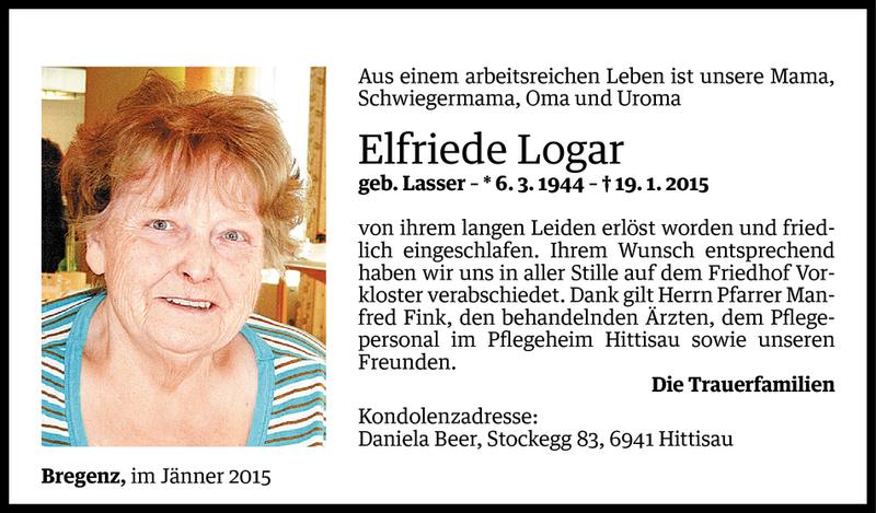  Todesanzeige für Elfriede Logar vom 28.01.2015 aus Vorarlberger Nachrichten