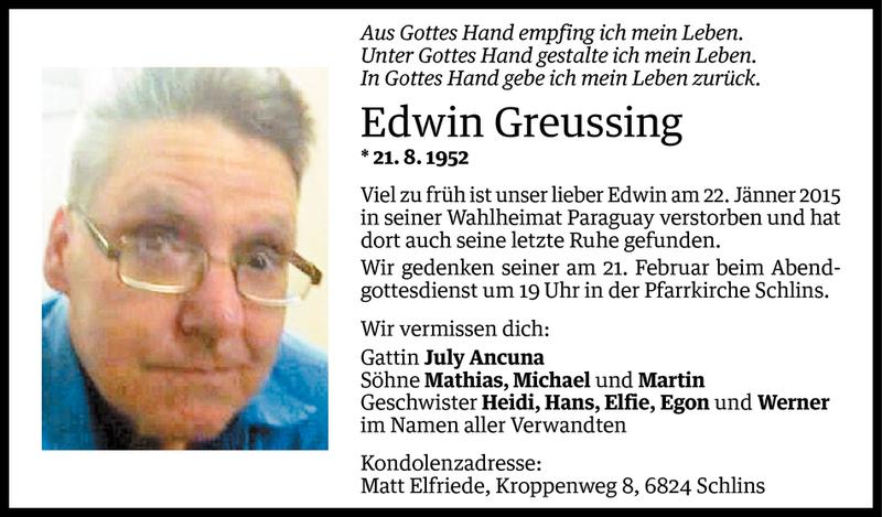  Todesanzeige für Edwin Greussing vom 27.01.2015 aus Vorarlberger Nachrichten