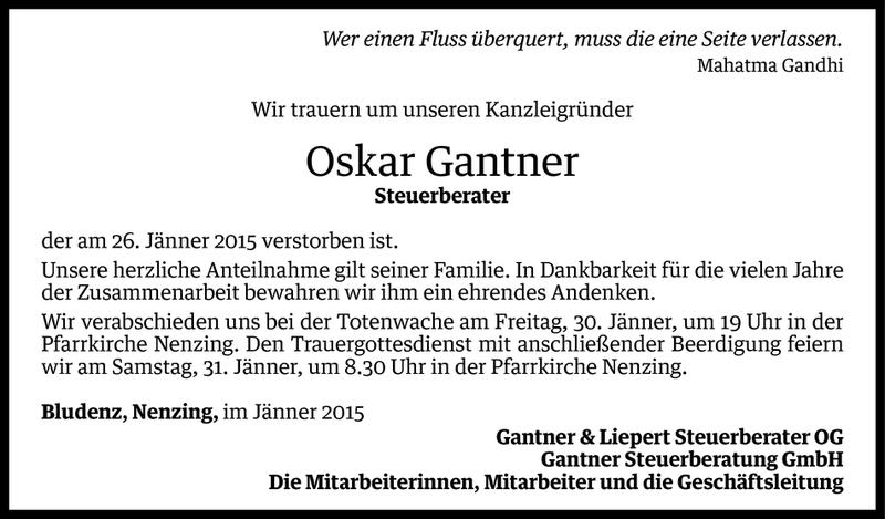  Todesanzeige für Oskar Gantner vom 28.01.2015 aus Vorarlberger Nachrichten