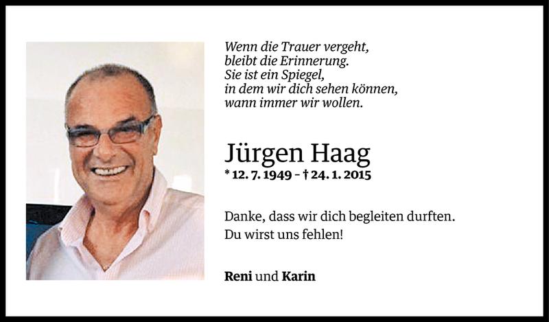  Todesanzeige für Jürgen Haag vom 28.01.2015 aus Vorarlberger Nachrichten