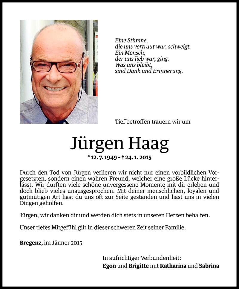  Todesanzeige für Jürgen Haag vom 28.01.2015 aus Vorarlberger Nachrichten