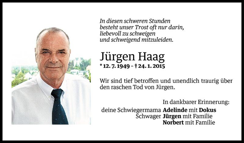  Todesanzeige für Jürgen Haag vom 28.01.2015 aus Vorarlberger Nachrichten