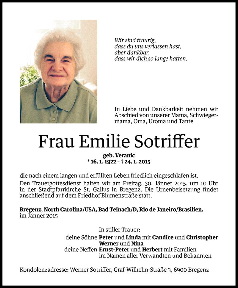  Todesanzeige für Emilie Sotriffer vom 28.01.2015 aus Vorarlberger Nachrichten