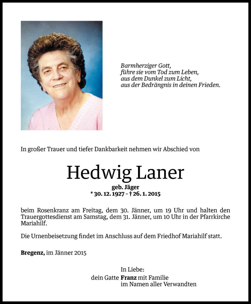  Todesanzeige für Hedwig Laner vom 28.01.2015 aus Vorarlberger Nachrichten