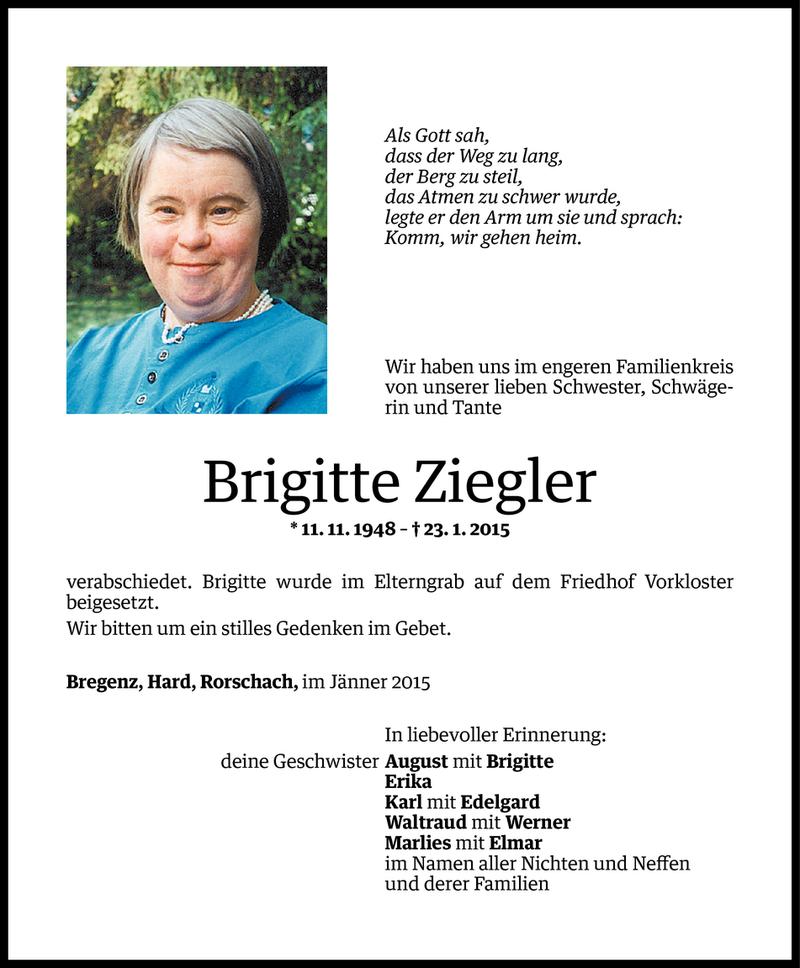  Todesanzeige für Brigitte Ziegler vom 31.01.2015 aus Vorarlberger Nachrichten