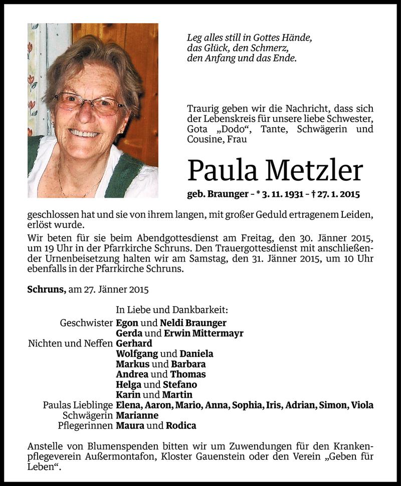  Todesanzeige für Paula Metzler vom 28.01.2015 aus Vorarlberger Nachrichten