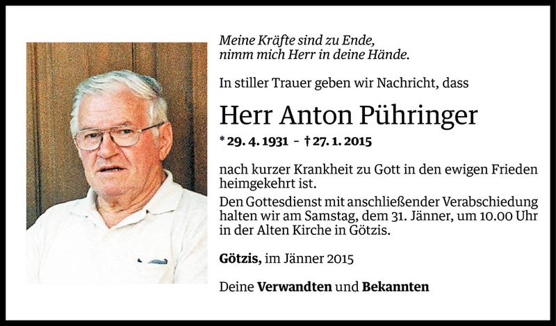  Todesanzeige für Anton Pühringer vom 29.01.2015 aus Vorarlberger Nachrichten