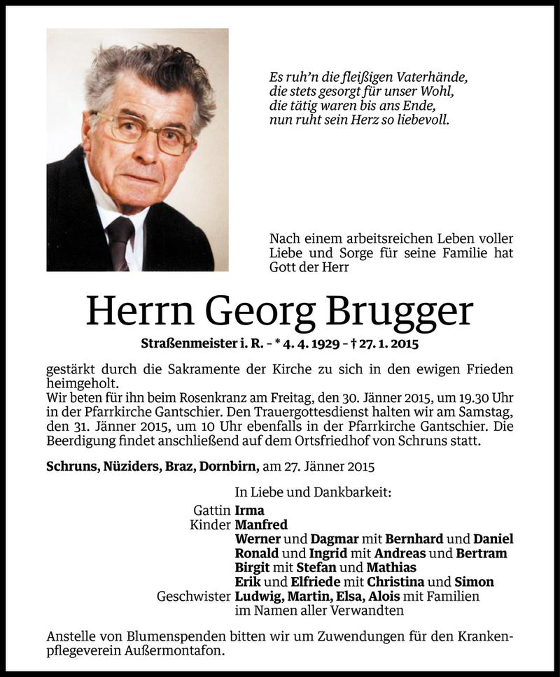  Todesanzeige für Georg Brugger vom 28.01.2015 aus Vorarlberger Nachrichten