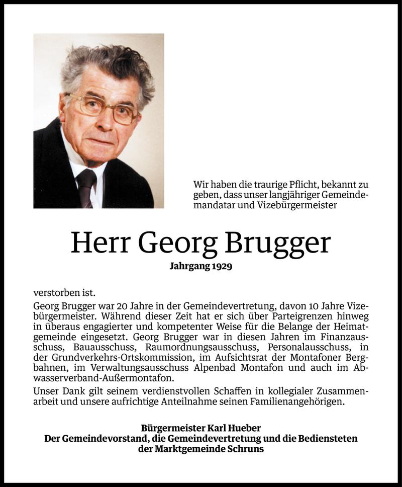  Todesanzeige für Georg Brugger vom 28.01.2015 aus Vorarlberger Nachrichten