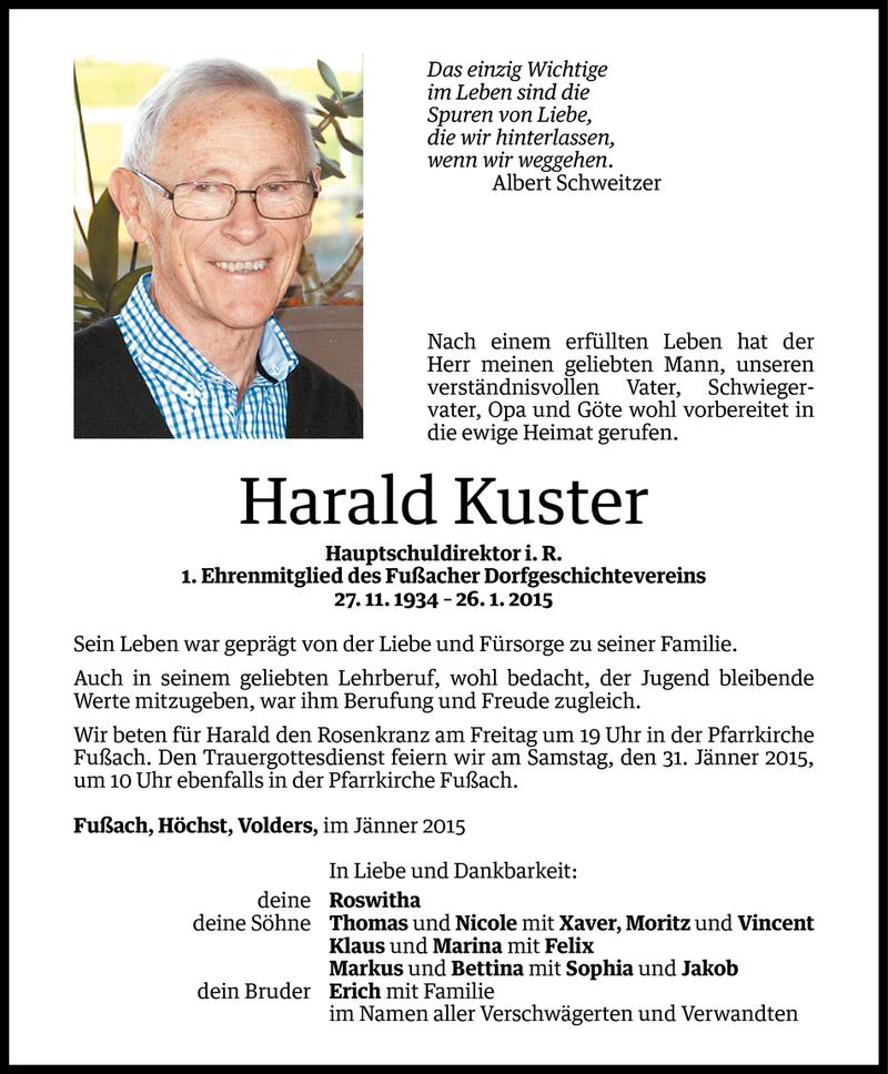 Todesanzeige für Harald Kuster vom 28.01.2015 aus Vorarlberger Nachrichten