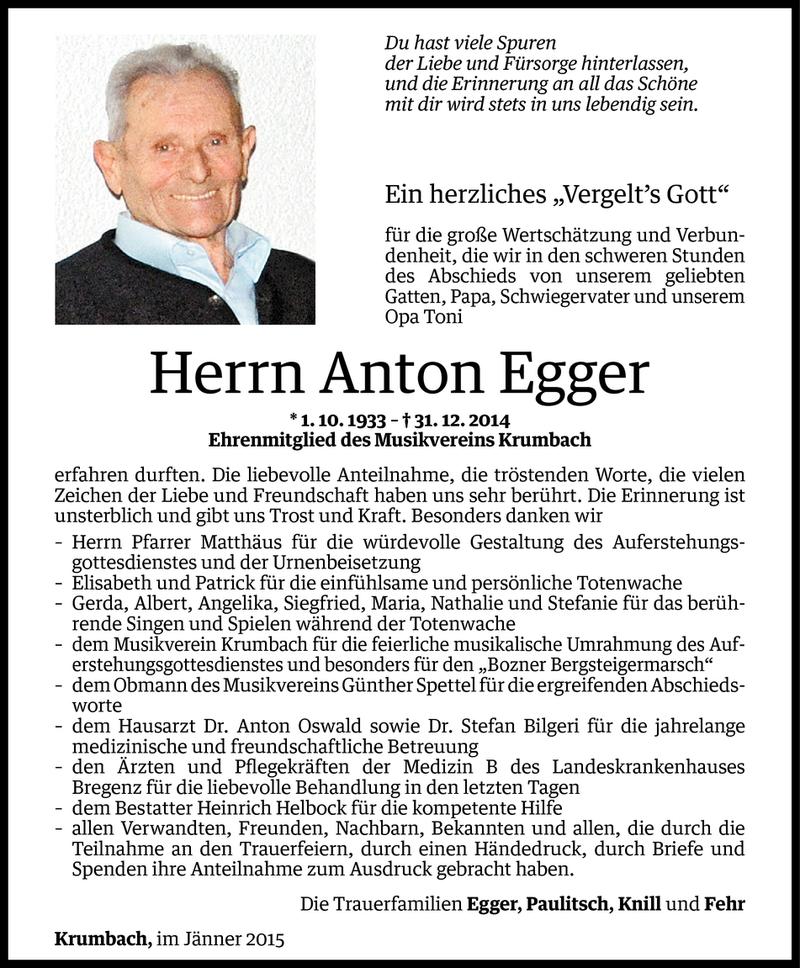  Todesanzeige für Anton Egger vom 29.01.2015 aus Vorarlberger Nachrichten