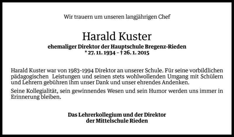  Todesanzeige für Harald Kuster vom 29.01.2015 aus Vorarlberger Nachrichten