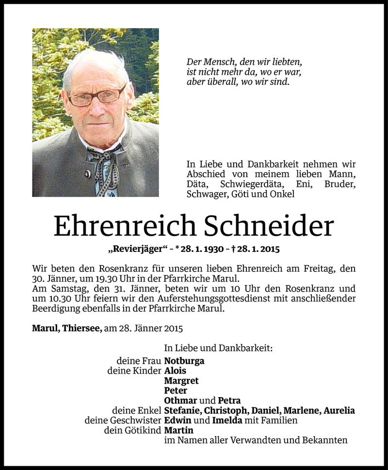  Todesanzeige für Ehrenreich Schneider vom 29.01.2015 aus Vorarlberger Nachrichten