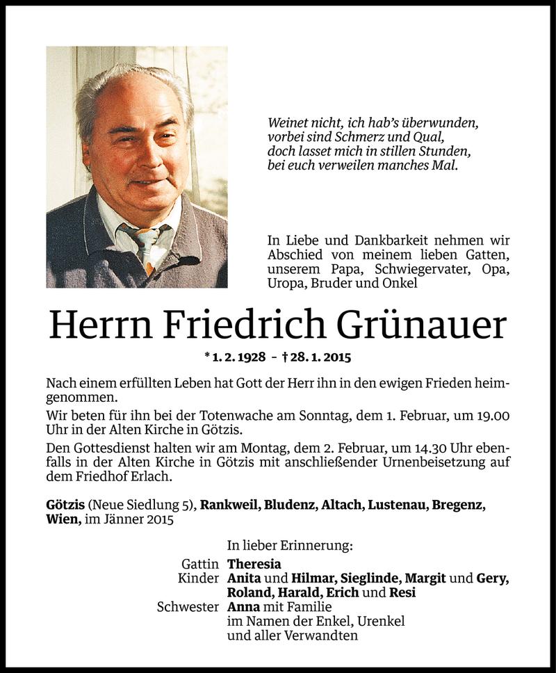  Todesanzeige für Friedrich Grünauer vom 31.01.2015 aus Vorarlberger Nachrichten