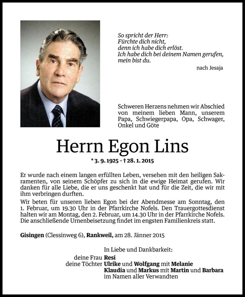  Todesanzeige für Egon Lins vom 29.01.2015 aus Vorarlberger Nachrichten