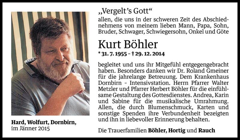  Todesanzeige für Kurt Böhler vom 30.01.2015 aus Vorarlberger Nachrichten