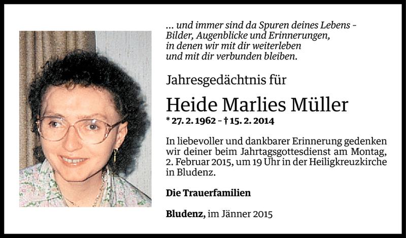  Todesanzeige für Heide Marlies Müller vom 30.01.2015 aus Vorarlberger Nachrichten