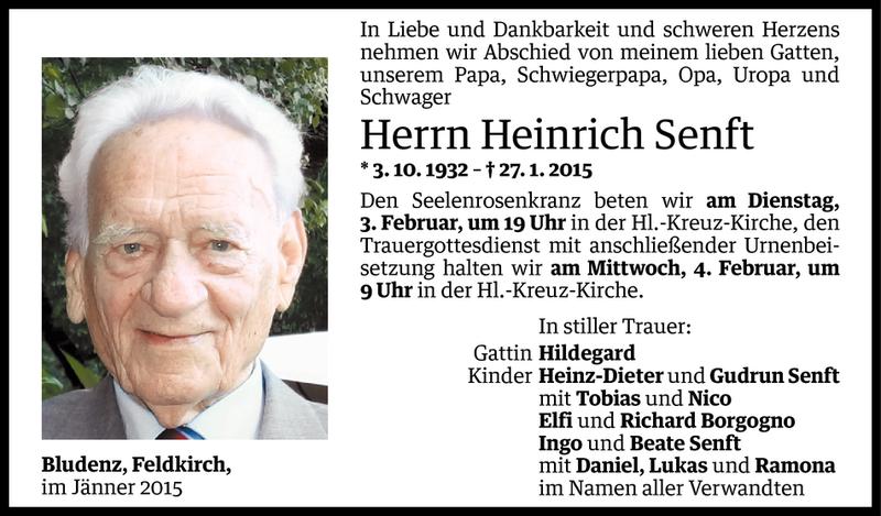  Todesanzeige für Heinrich Senft vom 31.01.2015 aus Vorarlberger Nachrichten