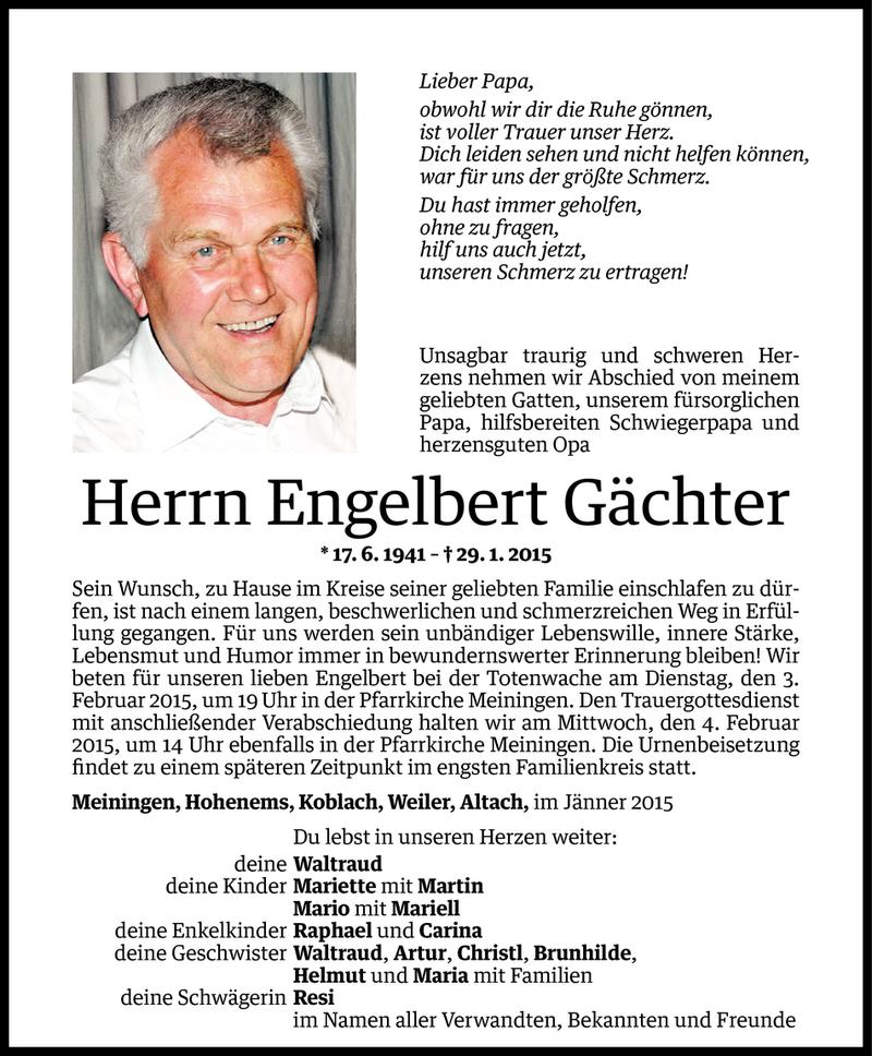  Todesanzeige für Engelbert Gächter vom 30.01.2015 aus Vorarlberger Nachrichten