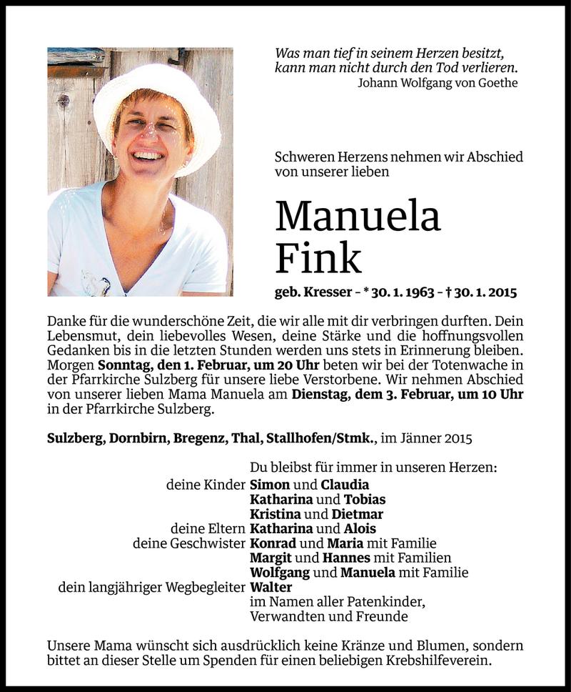  Todesanzeige für Manuela Fink vom 30.01.2015 aus Vorarlberger Nachrichten