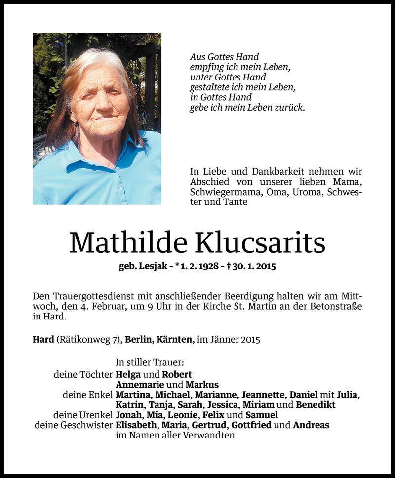  Todesanzeige für Mathilde Klucsarits vom 30.01.2015 aus Vorarlberger Nachrichten