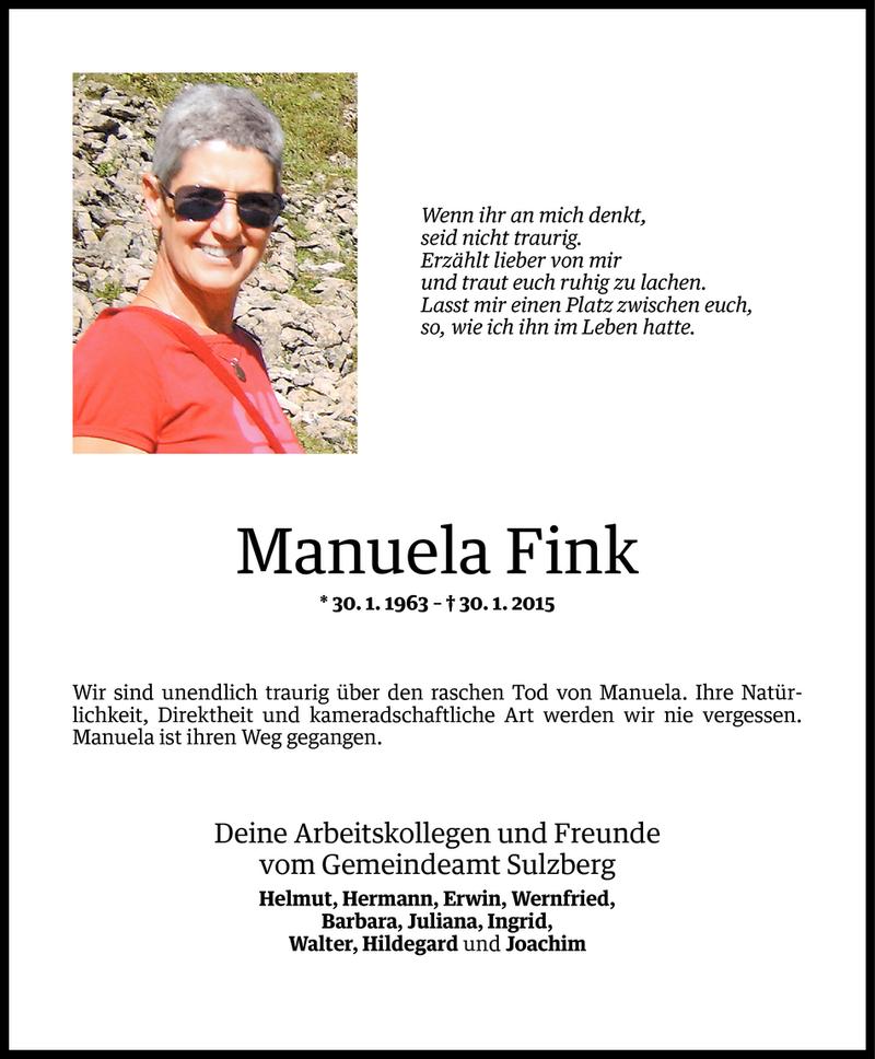  Todesanzeige für Manuela Fink vom 30.01.2015 aus Vorarlberger Nachrichten