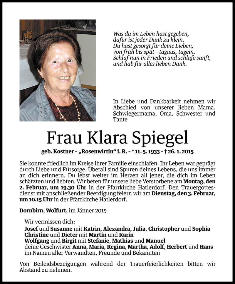  Todesanzeige für Klara Spiegel vom 30.01.2015 aus Vorarlberger Nachrichten