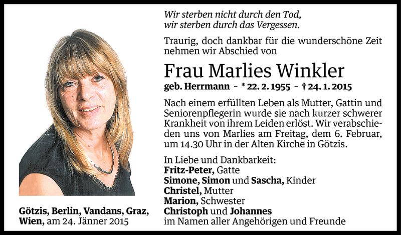  Todesanzeige für Marlies Winkler vom 31.01.2015 aus Vorarlberger Nachrichten