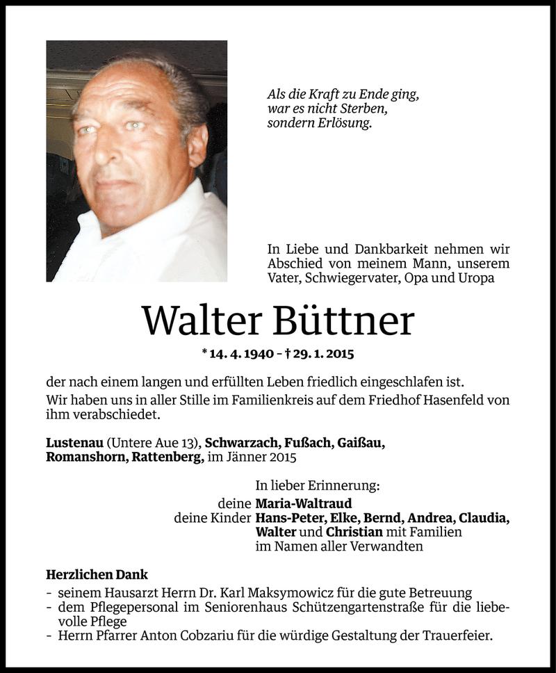  Todesanzeige für Walter Büttner vom 01.02.2015 aus Vorarlberger Nachrichten