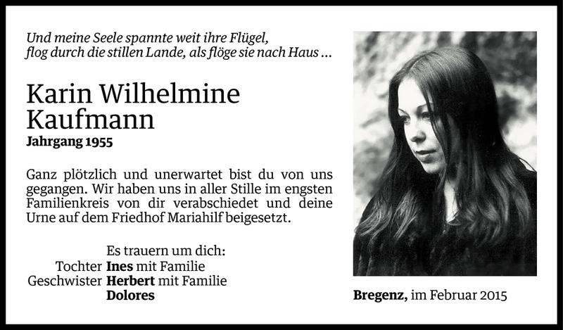  Todesanzeige für Karin Wilhelmine Kaufmann vom 01.02.2015 aus Vorarlberger Nachrichten