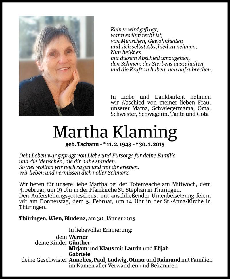  Todesanzeige für Martha Klaming vom 02.02.2015 aus Vorarlberger Nachrichten