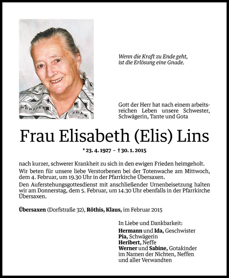  Todesanzeige für Elisabeth Lins vom 03.02.2015 aus Vorarlberger Nachrichten