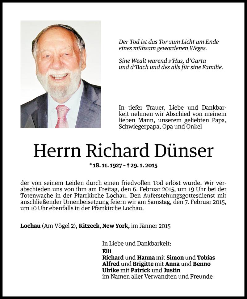  Todesanzeige für Richard Dünser vom 03.02.2015 aus Vorarlberger Nachrichten