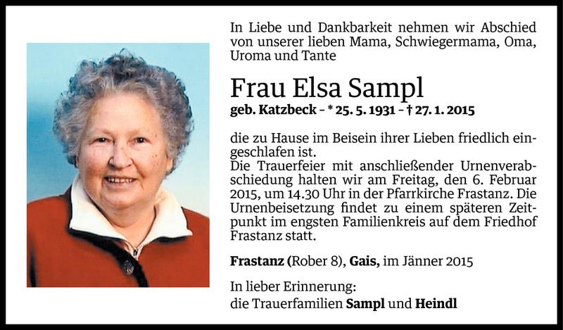  Todesanzeige für Elsa Sampl vom 04.02.2015 aus Vorarlberger Nachrichten