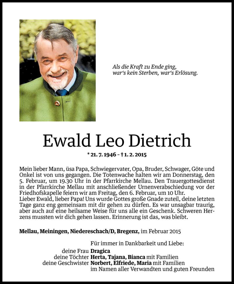  Todesanzeige für Ewald Leo Dietrich vom 03.02.2015 aus Vorarlberger Nachrichten